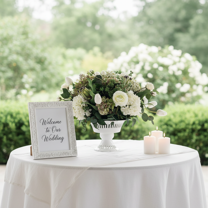 White Garden centerpiece rental with white ranunculus, white hydrangea, white tulips, artichoke blooms, and lush greenery in white lattice compote vase on elegant wedding welcome table with white linen runner, framed sign, and candles | Reno, Lake Tahoe & Sacramento