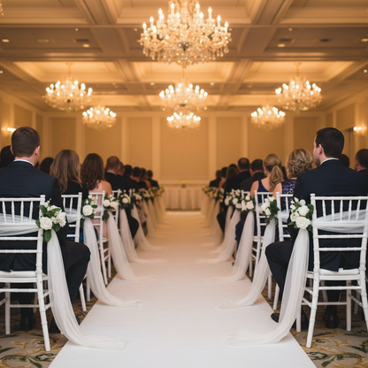 White Rose Aisle Chair Flower Rentals set of 12 with white rose clusters and lush green leaves tied with flowing white chiffon ribbons on white chiavari chairs lining elegant indoor ballroom wedding ceremony aisle with chandeliers and wedding guests seated | Reno, Lake Tahoe & Sacramento