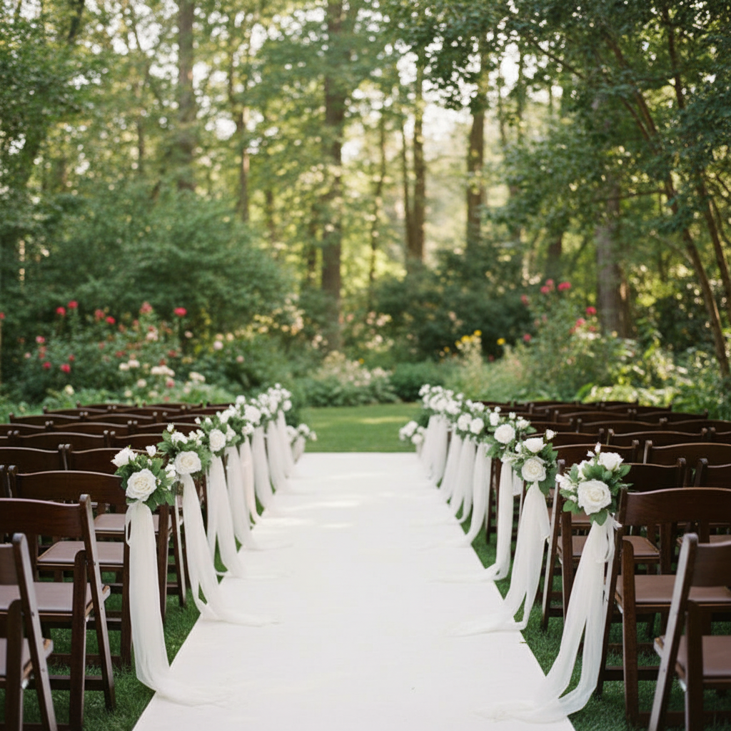 White Rose Aisle Chair Flower Rentals set of 12 with white rose clusters and lush green leaves tied with flowing white chiffon ribbons on dark wood folding chairs lining outdoor garden wedding ceremony aisle | Reno, Lake Tahoe & Sacramento