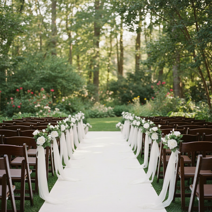 White Rose Aisle Chair Flower Rentals set of 12 with white rose clusters and lush green leaves tied with flowing white chiffon ribbons on dark wood folding chairs lining outdoor garden wedding ceremony aisle | Reno, Lake Tahoe & Sacramento