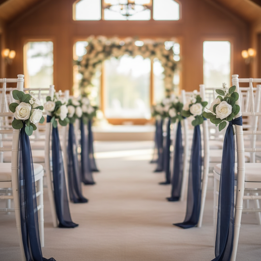 White Rose Aisle Chair Flower Rentals set of 12 with white rose clusters and lush green leaves tied with flowing navy blue chiffon ribbons on white chiavari chairs lining elegant indoor wedding ceremony aisle | Reno, Lake Tahoe & Sacramento