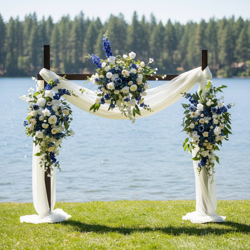 Wood Arch Rental with Metal Pole System decorated with Sweet Nothings Arch Adornment of navy blue delphinium, white roses, and lush eucalyptus clusters with flowing white chiffon drapery at elegant lakeside outdoor wedding venue with calm blue water and pine trees | Reno, Lake Tahoe & Sacramento