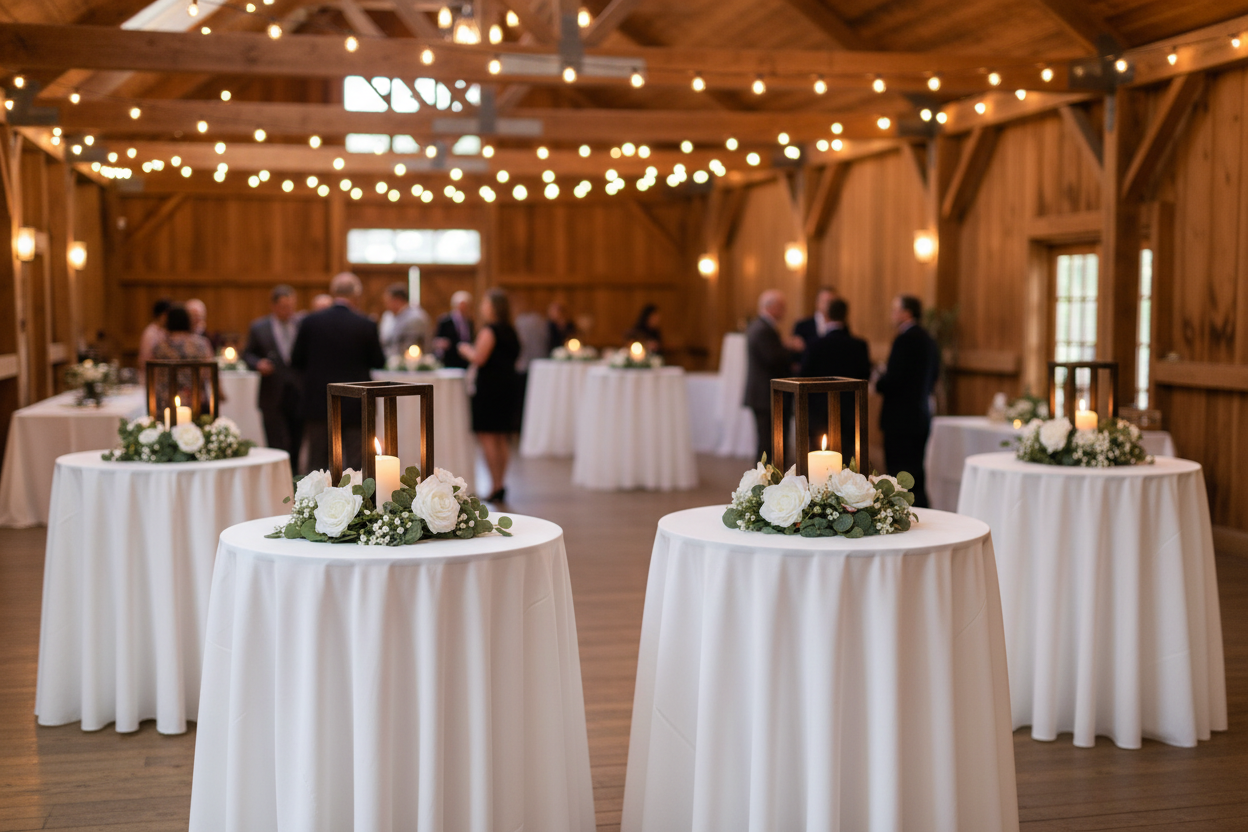 Four round cocktail tables with white tablecloths each featuring a wood candle holder rental with white rose and eucalyptus garland centerpiece in rustic barn wedding venue | Reno, Lake Tahoe & Sacramento 