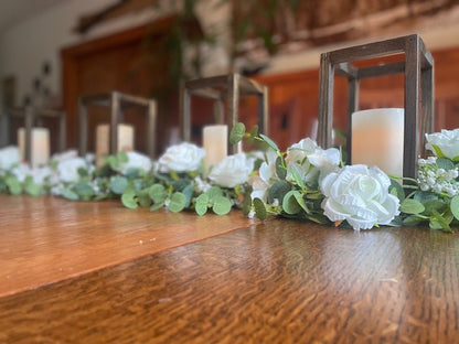 (4) Wood Structure Centerpieces Surrounded with White Faux Roses and Greenery with White Candles