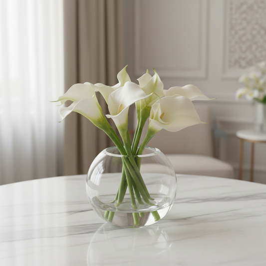 White Calla Lily centerpiece rental in round glass bubble vase styled on white marble surface in elegant bridal suite with soft natural window light | Reno, Lake Tahoe & Sacramento