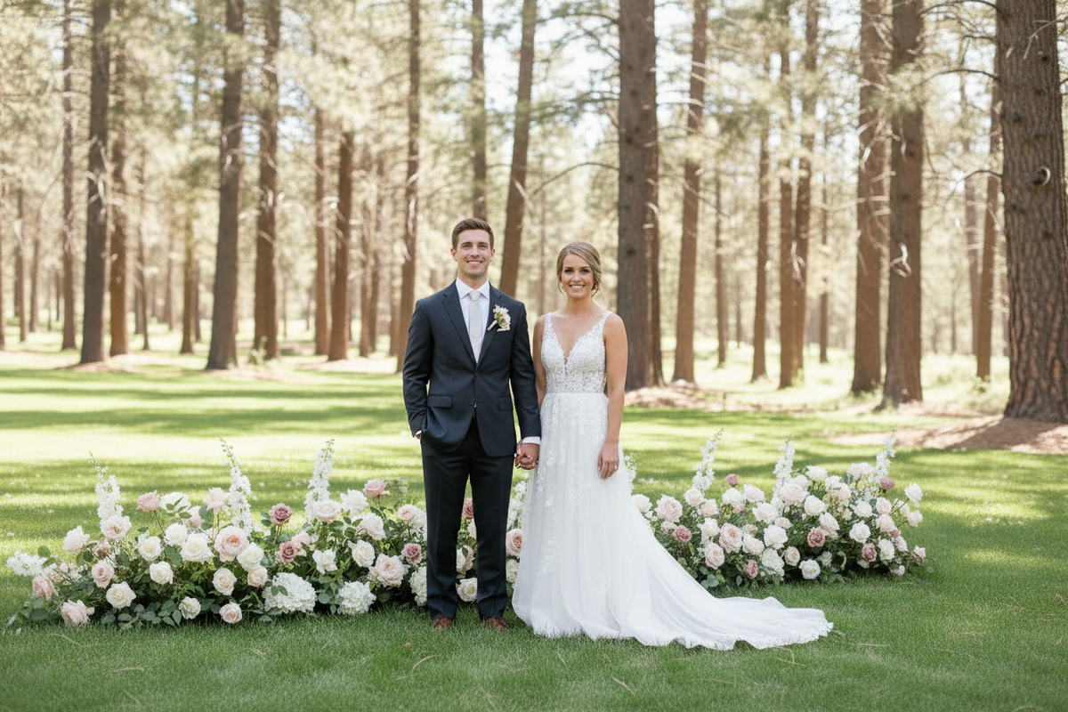 Bride and groom holding hands in front of Love Story Meadow with blush, mauve, and white roses and delphinium at outdoor pine forest wedding venue | Reno, Lake Tahoe & Sacramento
