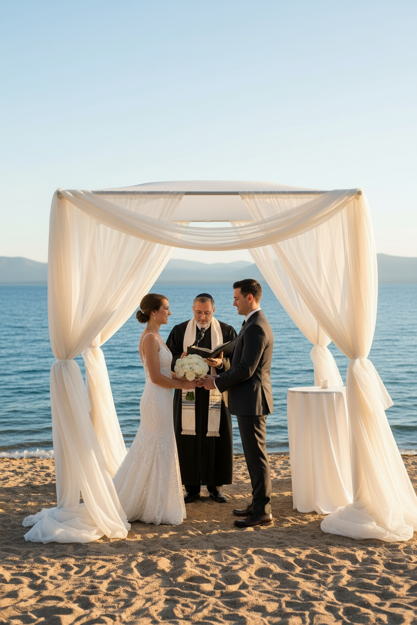 Chuppah rental with white chiffon drapery and floral canopy top with couple and rabbi at cocktail table at outdoor Lake Tahoe wedding venue | Reno, Lake Tahoe & Sacramento