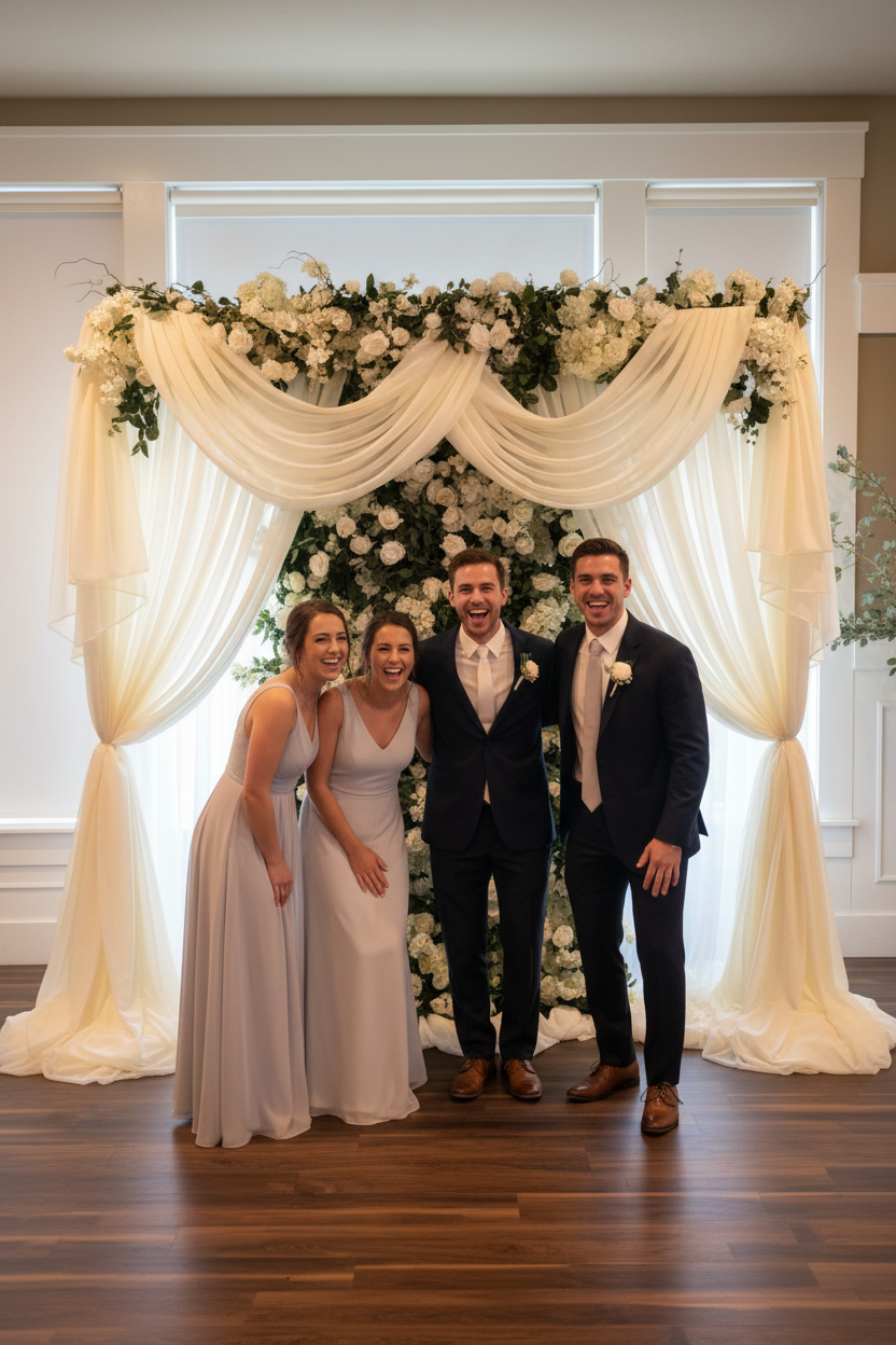 Wedding guests laughing and posing in front of Daydream flower wall rental with cream roses, white hydrangea, and ivory cream chiffon draping as photo booth backdrop at indoor wedding reception | Reno, Lake Tahoe & Sacramento