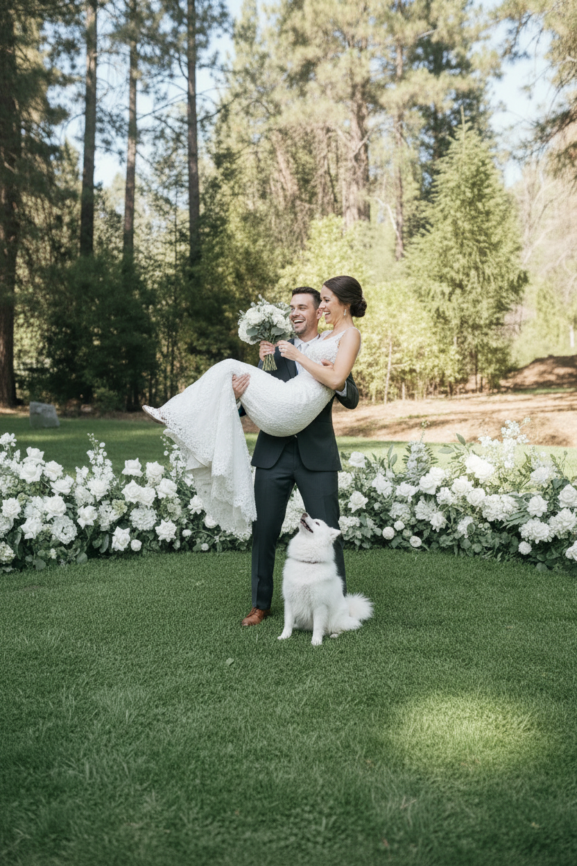 Groom carrying bride in front of Enchanted aisle flower rentals with white roses, white hydrangea, and lush greenery at outdoor pine forest wedding venue with white dog | Reno, Lake Tahoe & Sacramento