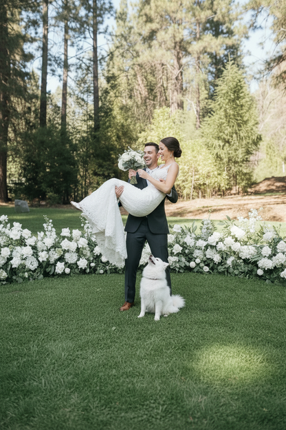 Groom carrying bride in front of Enchanted aisle flower rentals with white roses, white hydrangea, and lush greenery at outdoor pine forest wedding venue with white dog | Reno, Lake Tahoe & Sacramento