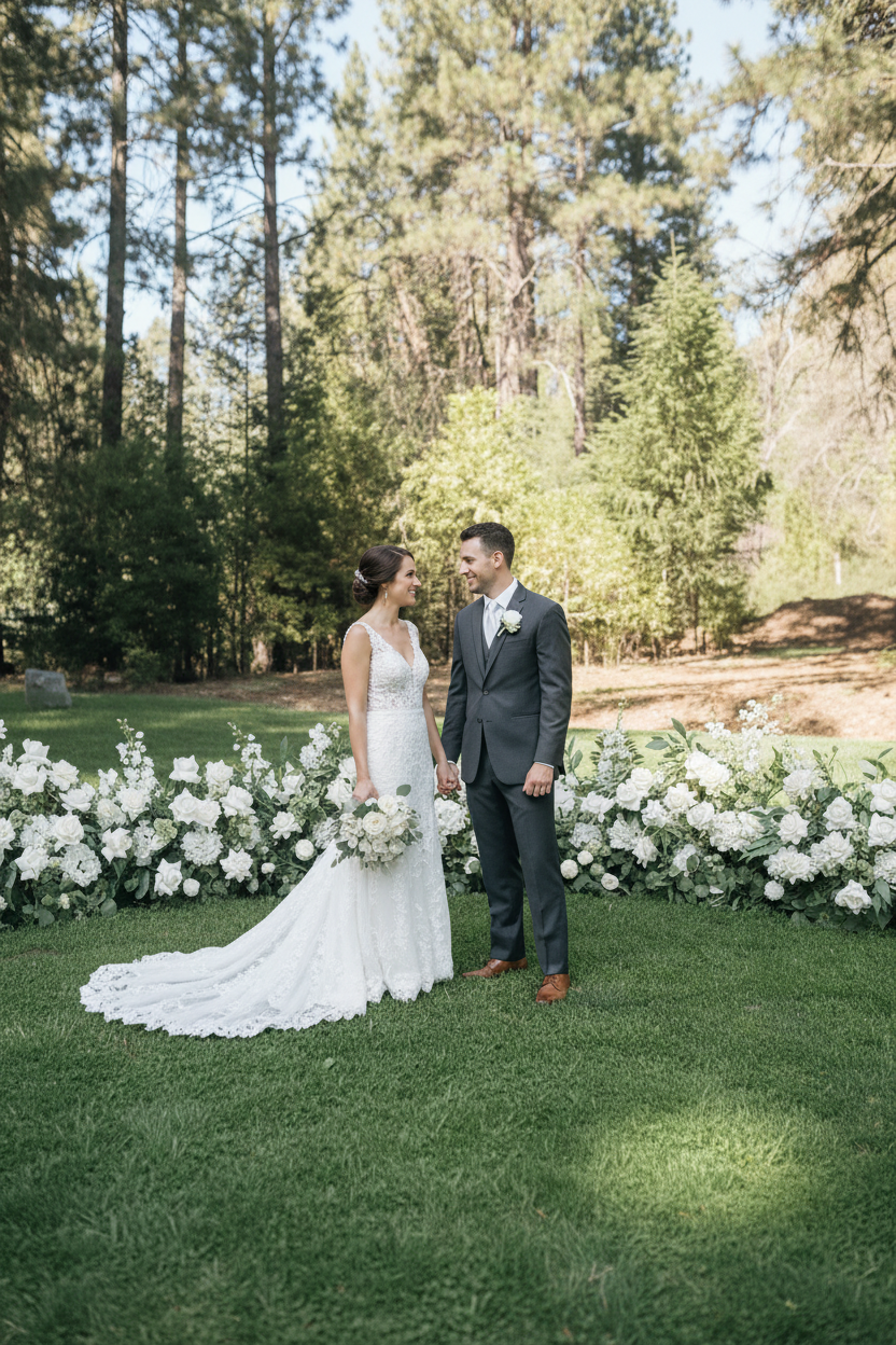Enchanted aisle flower rentals styled in all-white meadow hedge design with white roses, white hydrangea, and lush eucalyptus for outdoor wedding ceremony | Reno, Lake Tahoe & Sacramento