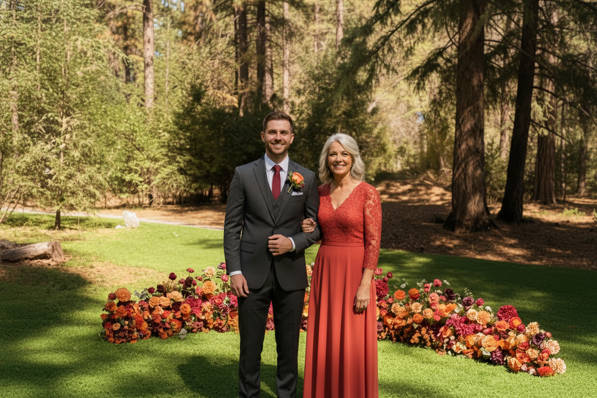 Groom with mother posing in front of Evermore Fall aisle flower rentals with coral, peach, and burgundy florals at outdoor garden wedding venue | Reno, Lake Tahoe & Sacramento