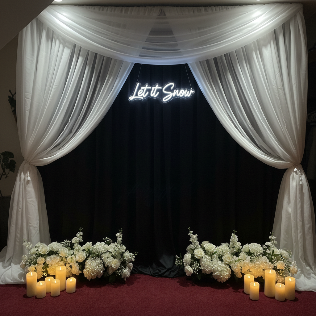 Light-Up LED "Let it Snow" Sign Rental mounted on flowing black spandex drapery backdrop with white florals and candles at base in cool white winter wedding lighting | Reno, Lake Tahoe & Sacramento