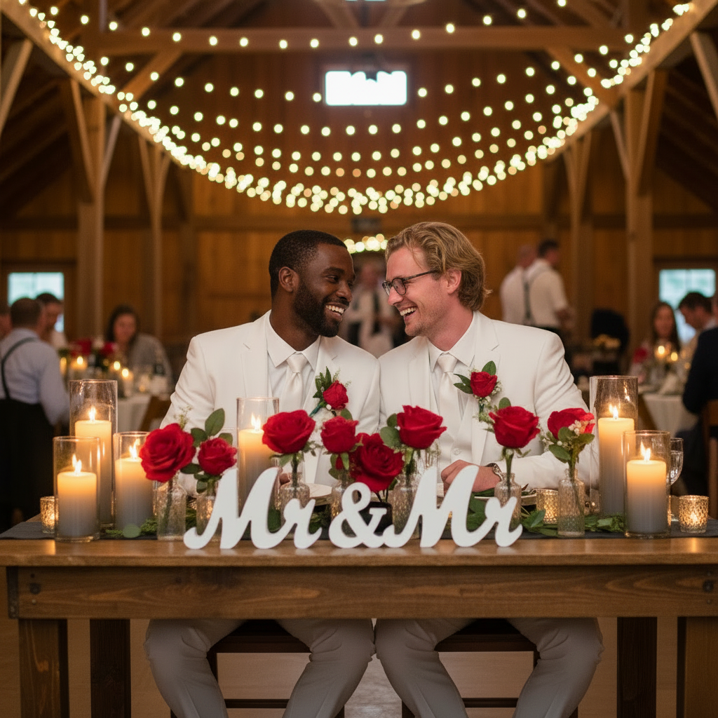 Mr & Mr Wood Sign Rental on sweetheart table with red rose and baby's breath cylinder vase arrangements and flameless candles with two grooms in white suits at rustic barn wedding reception with warm string lights | Reno, Lake Tahoe & Sacramento
