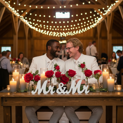 Mr & Mr Wood Sign Rental on sweetheart table with red rose and baby's breath cylinder vase arrangements and flameless candles with two grooms in white suits at rustic barn wedding reception with warm string lights | Reno, Lake Tahoe & Sacramento