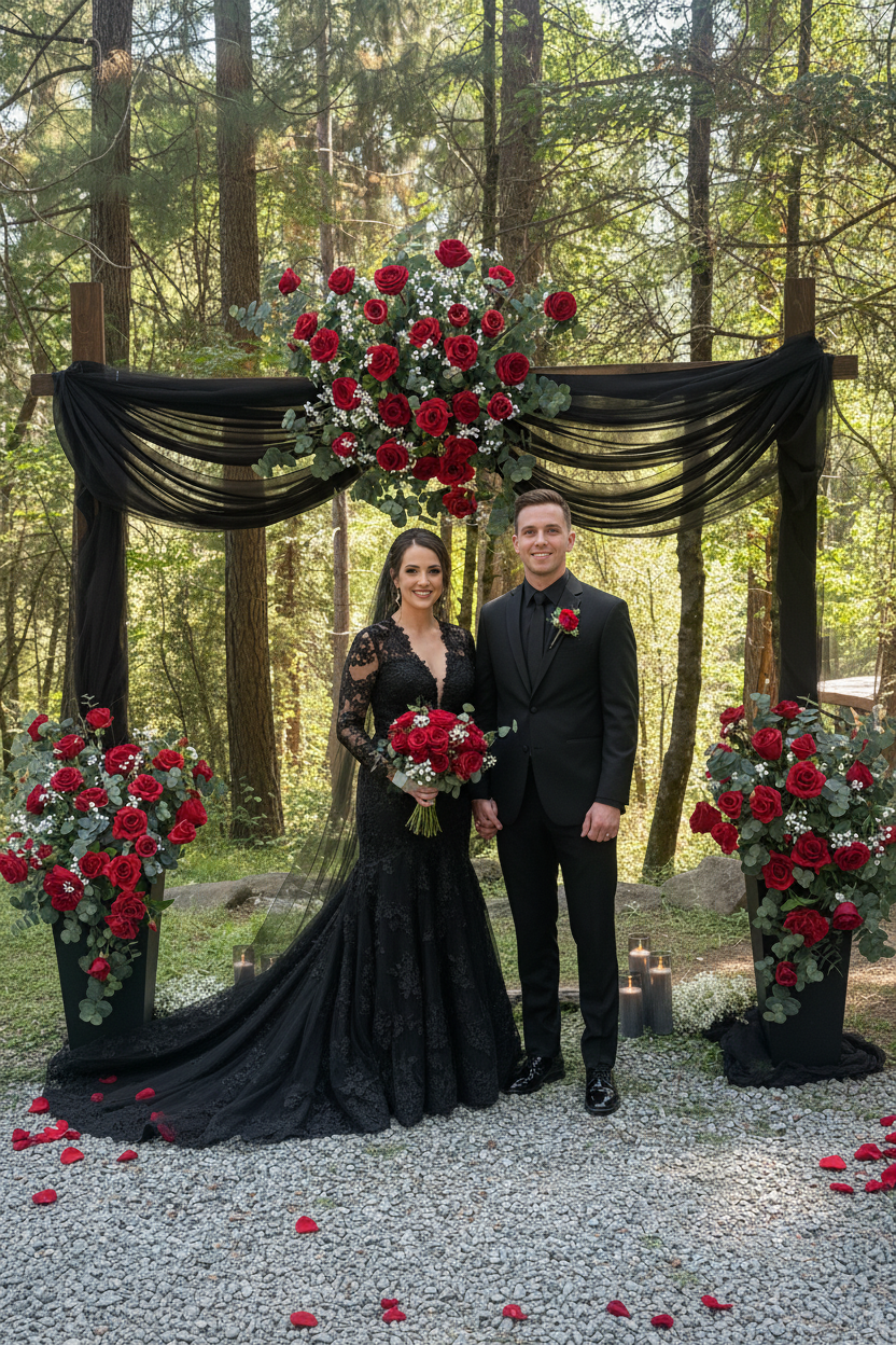 Red rose arch adornment rental with black drapery styled with bride and groom in black wedding attire at outdoor forest ceremony | Reno, Lake Tahoe & Sacramento