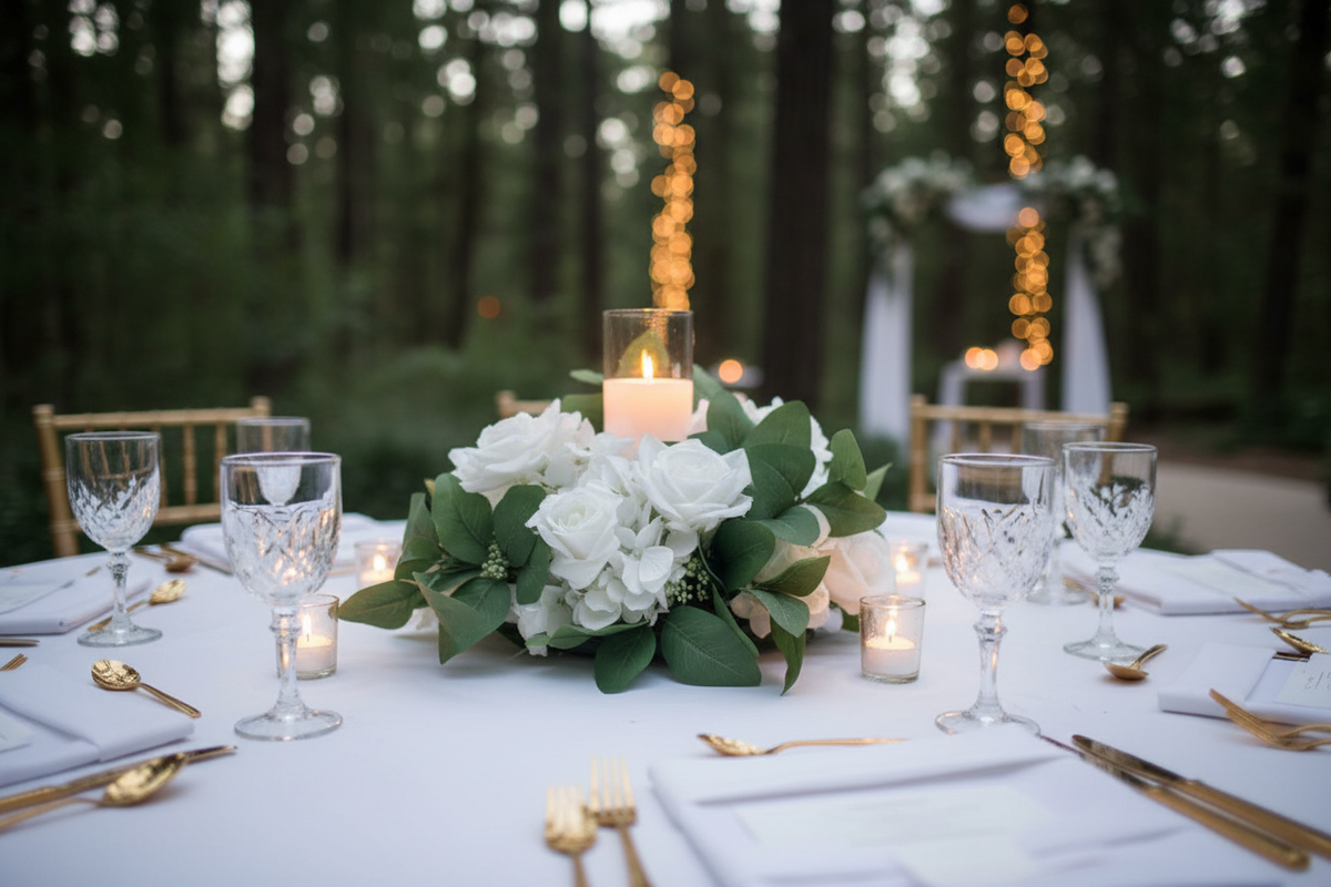 Small Candle Ring Centerpiece at Wedding Table
