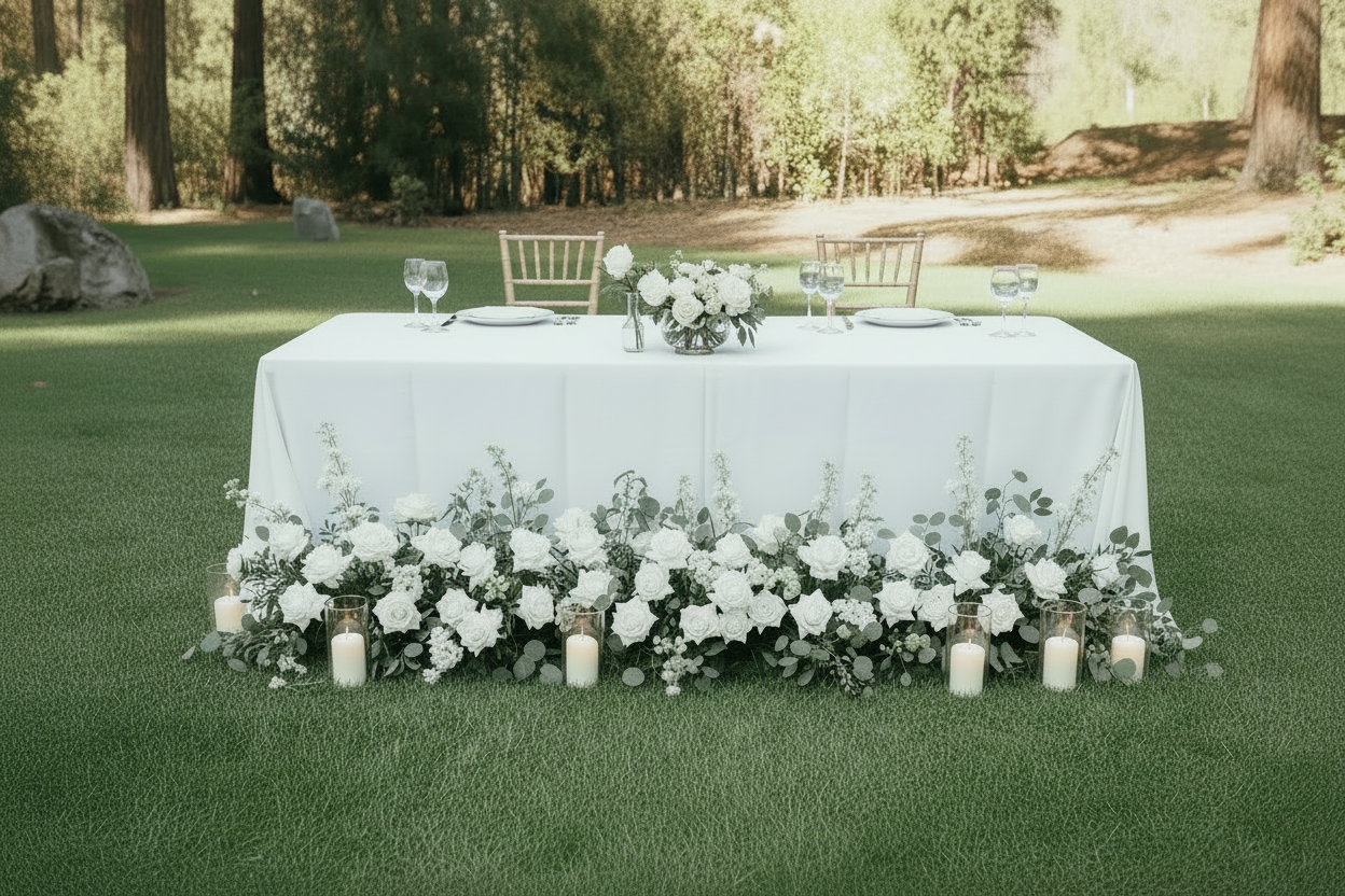 Enchanted aisle flower rentals styled as full sweetheart table ground floral garland with white roses, white delphinium, and eucalyptus with pillar candles and hurricane vases at outdoor pine forest wedding reception | Reno, Lake Tahoe & Sacramento