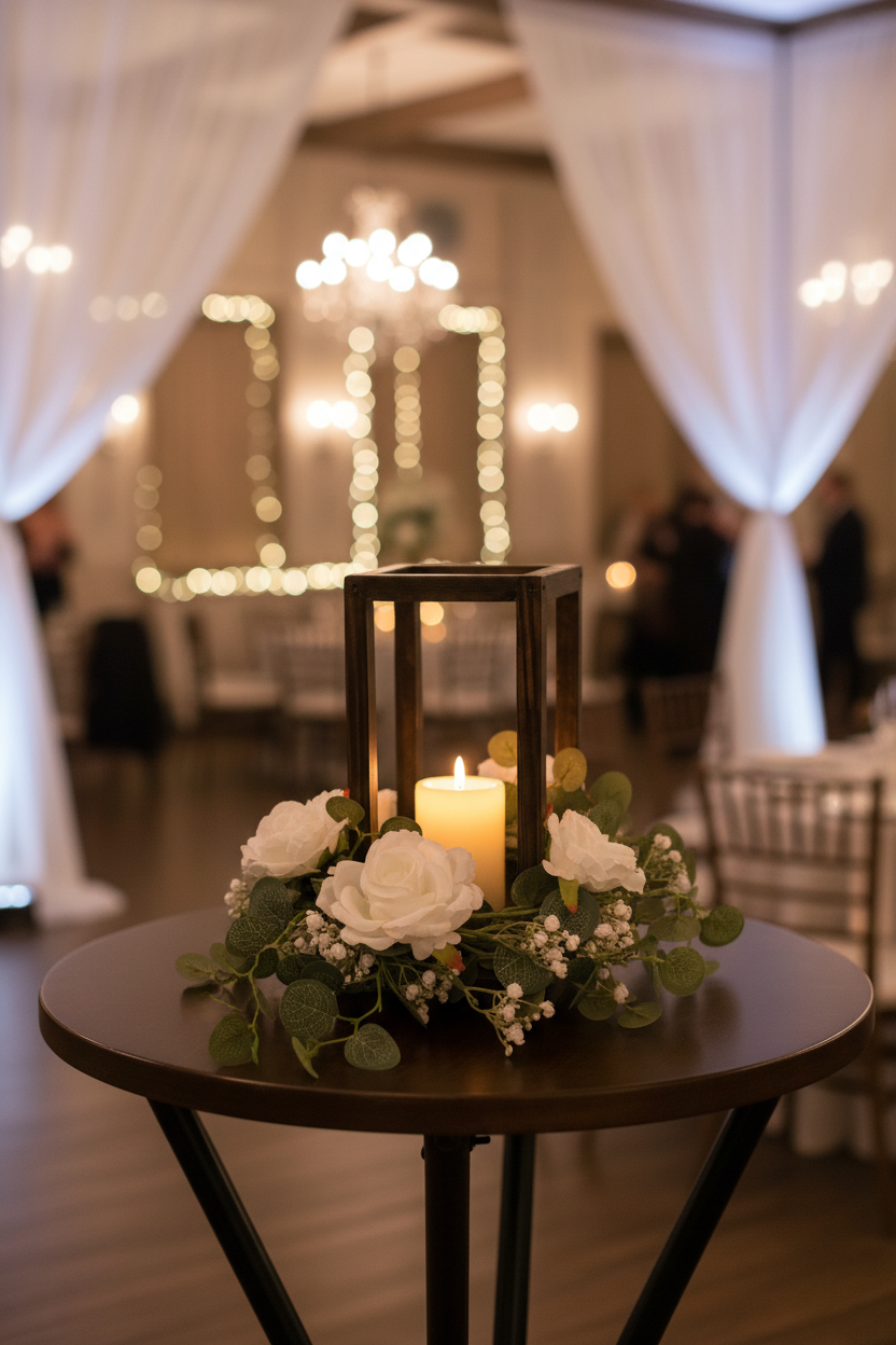 Single wood candle holder rental with white rose garland on cocktail table at wedding reception | Reno, Lake Tahoe & Sacramento