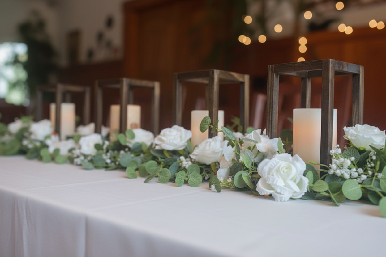 Wood candle holder rentals with white roses and eucalyptus garland on wedding reception table | Reno, Lake Tahoe & Sacramento